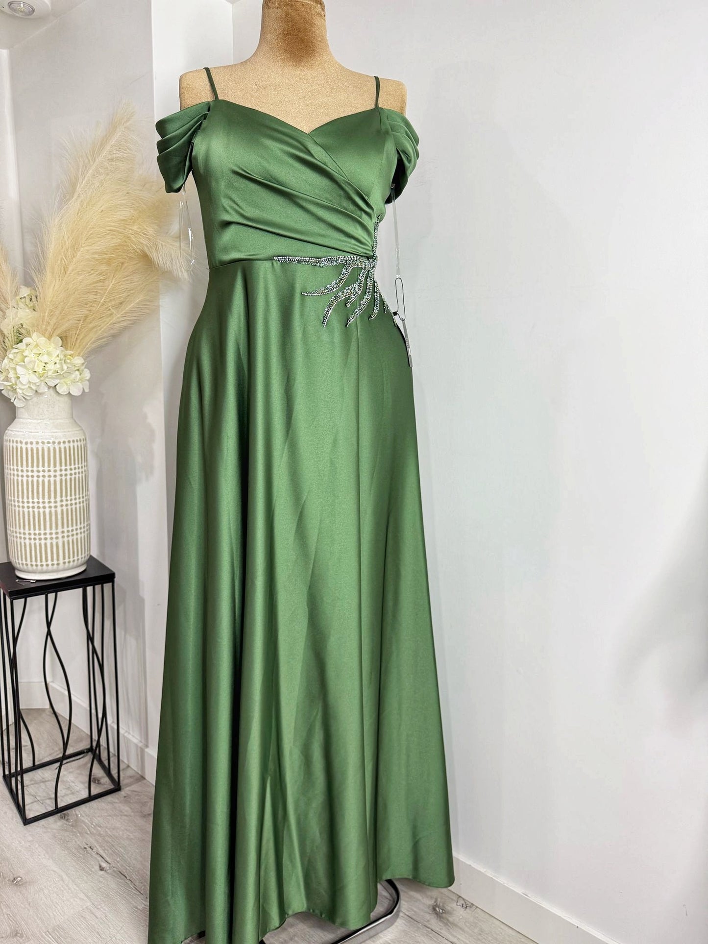 Beautiful off shoulder, tiny straps sea green satin long dress.