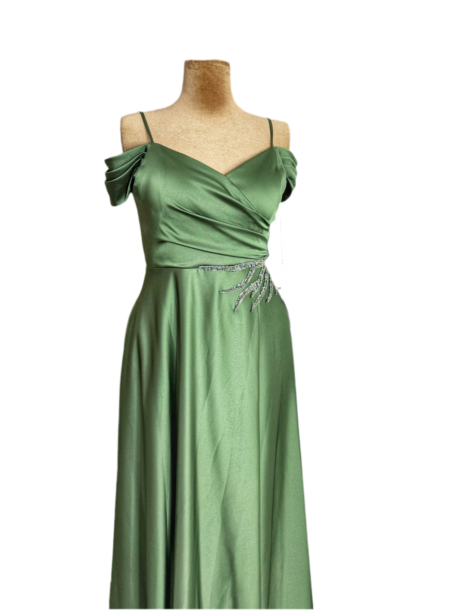 Beautiful off shoulder, tiny straps sea green satin long dress.  House of  TML