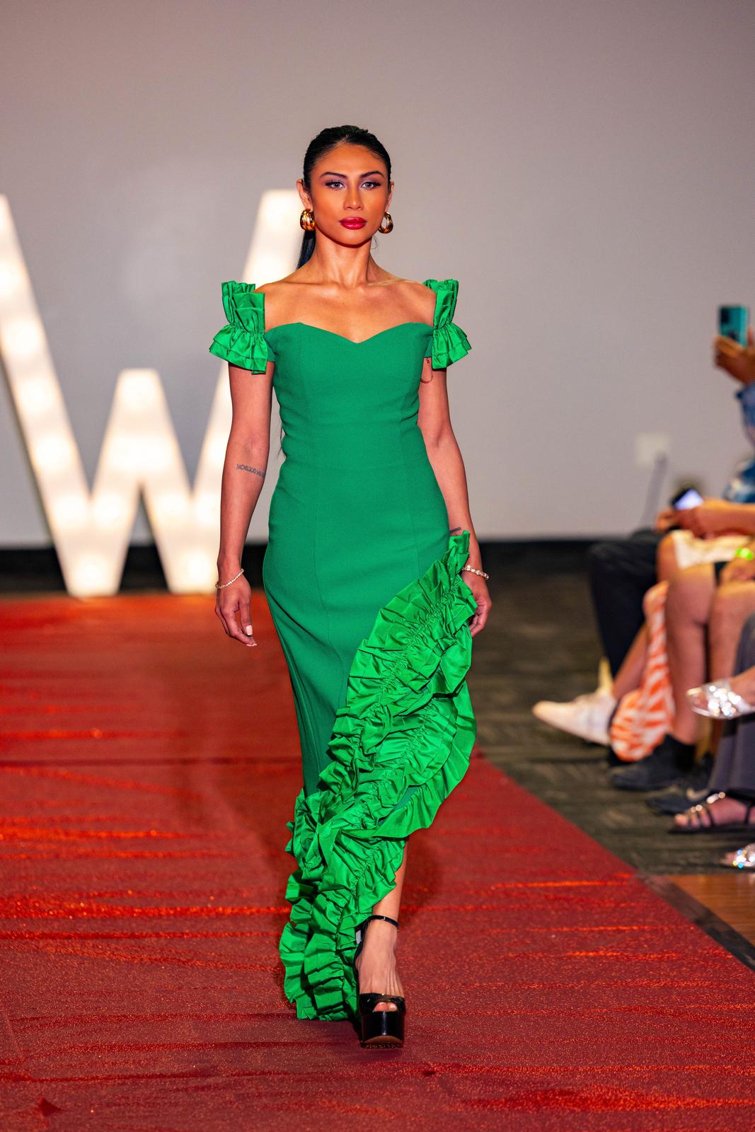 Green Ruffle Side Slit Dress – green ruffle dress with side slit, view 2 of 2