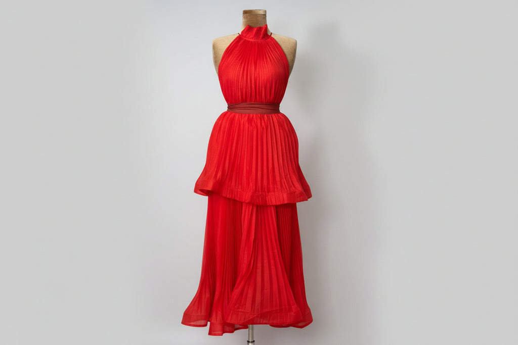 Scarlet Flame Pleated Halter Midi Dress