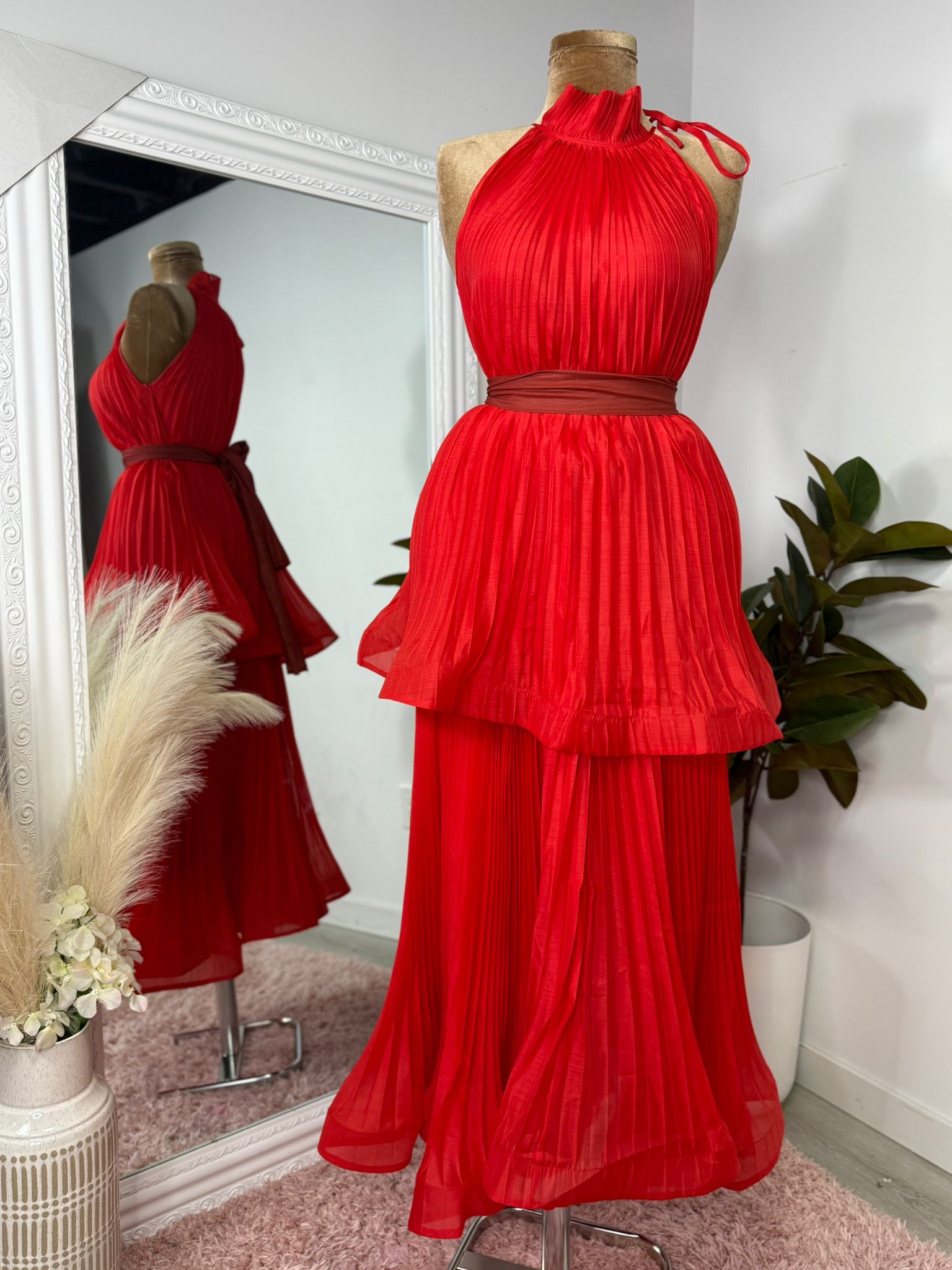 Scarlet Flame Pleated Halter Midi Dress