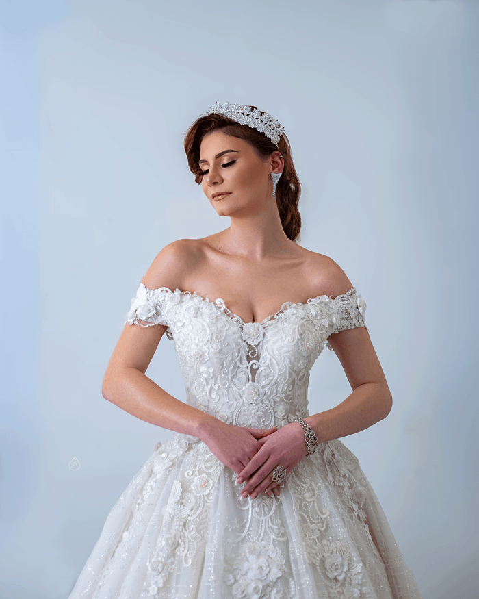 White lace off-shoulder ball gown wedding dress – Lace Off-Shoulder Ball Wedding Gown by House of TML