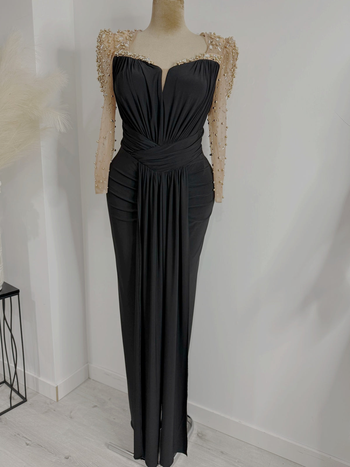 Black draped evening gown with pearl mesh sleeves – Black Evening Gown with Pearl Mesh Sleeves by House of TML