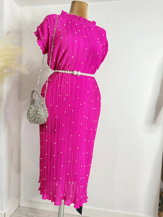 charming pink dress adorned with delightful white beads dots
