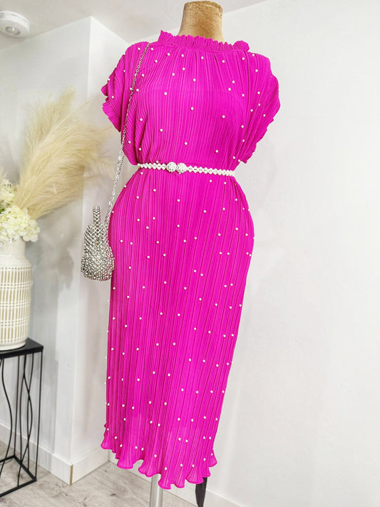 charming pink dress adorned with delightful white beads dots