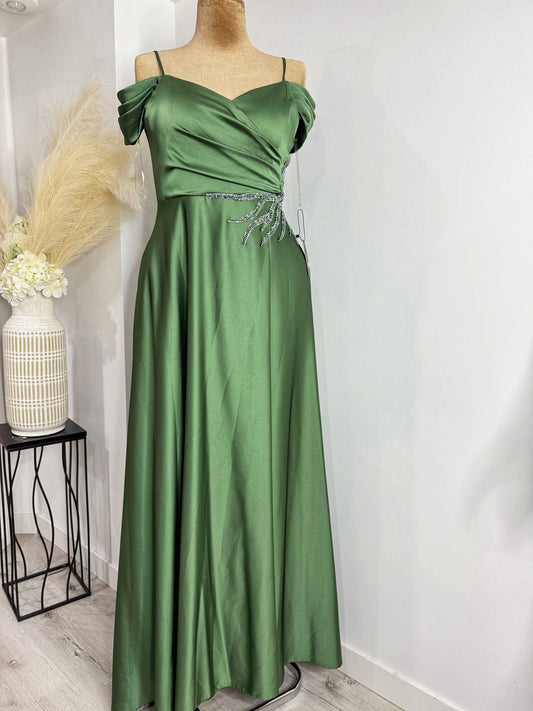 Beautiful off shoulder, tiny straps sea green satin long dress.