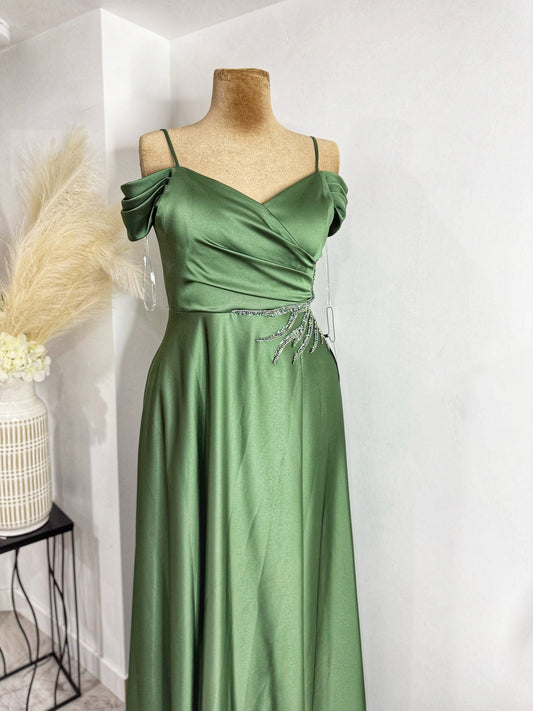 Beautiful off shoulder, tiny straps sea green satin long dress.