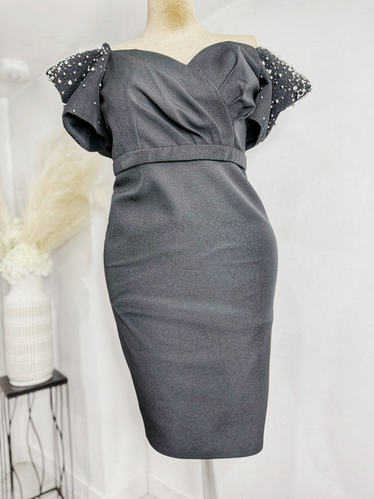 Black beaded shoulder 3/4 dress