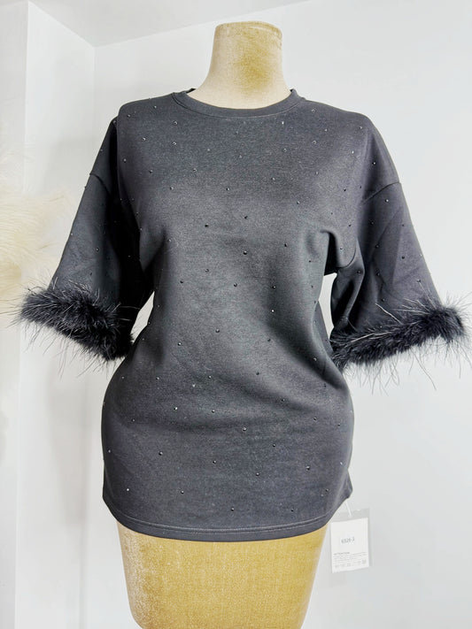 Chic Black sweater dress featuring luxurious fur cuffs