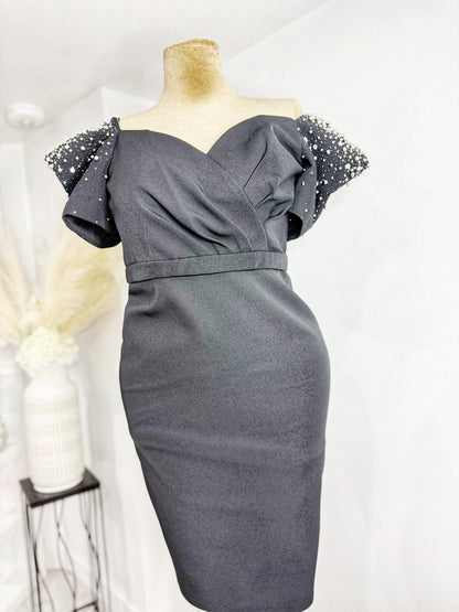 Black beaded shoulder 3/4 dress