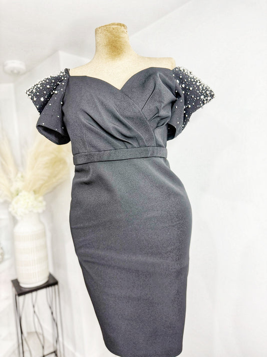 Black beaded shoulder 3/4 dress