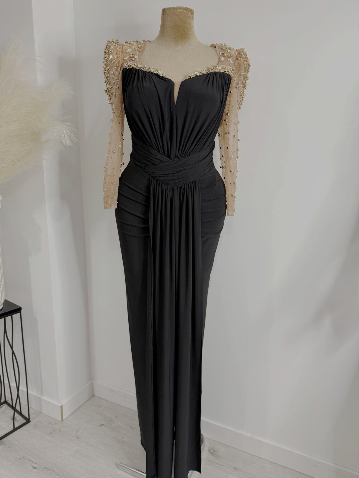 Black Evening Gown with Pearl Mesh Sleeves – black draped evening gown with pearl mesh sleeves, view 2 of 2