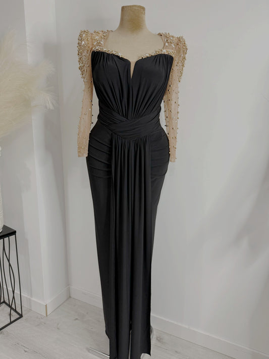 Elegant Black Evening Gown with Pearl Mesh Sleeves