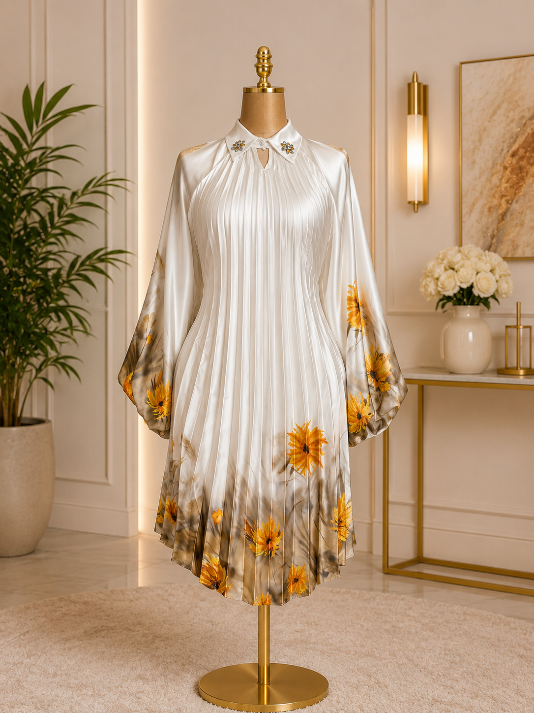 SUNFLOWER PLEATED ELEGANCE DRESS