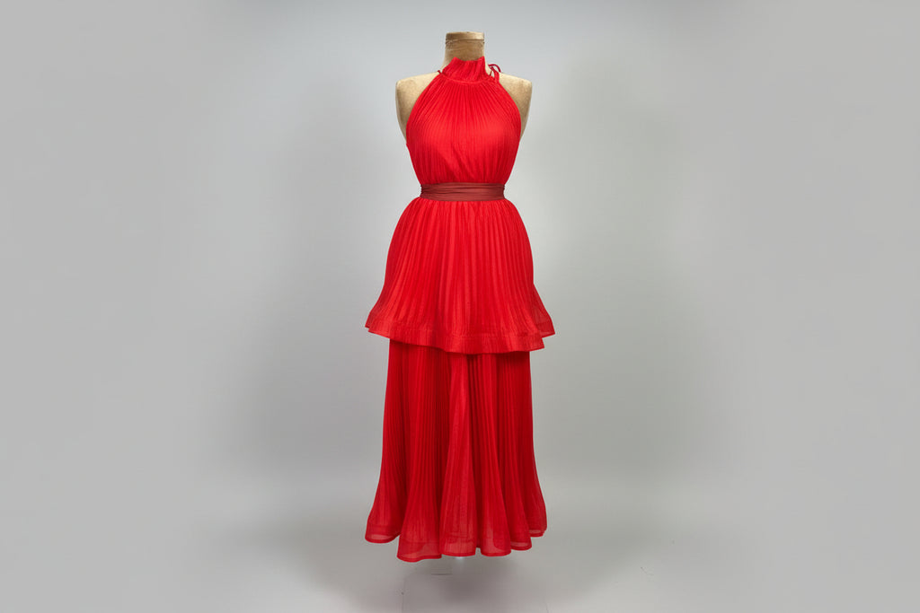 Scarlet Flame Pleated Halter Midi Dress