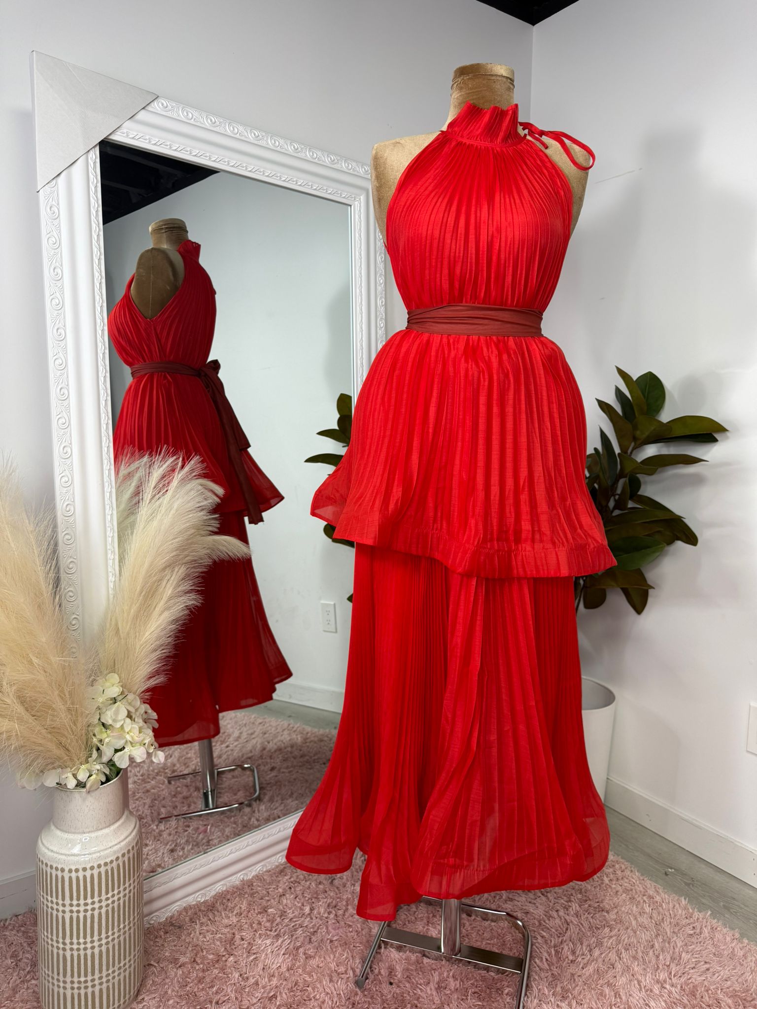 Scarlet Flame Pleated Halter Midi Dress