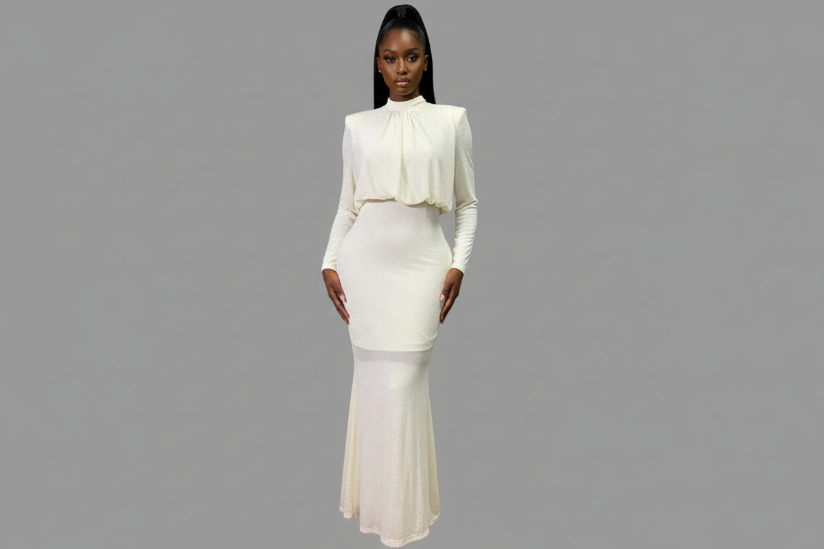 Ivory sparkle mesh midi gown – Starlit Ivory Sparkle Gown by House of TML