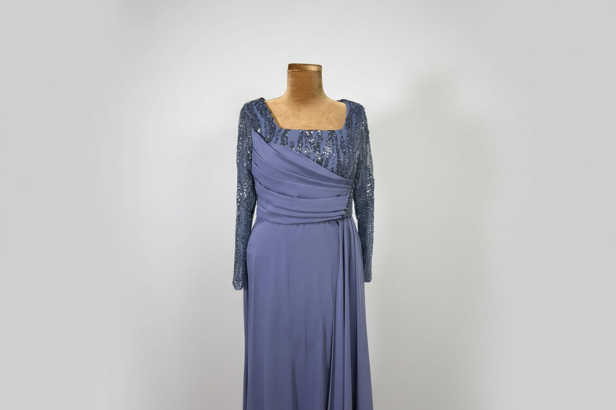 Twilight Sparkle Sequin-Sleeve Gown – dusty blue chiffon gown with sequin sleeves, view 2 of 2