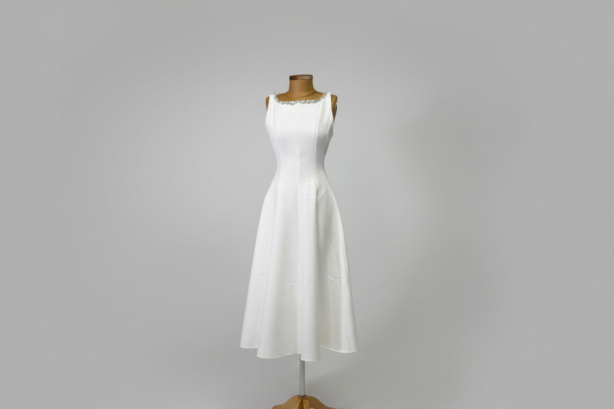 Crystal Elegance Bridal Midi Dress – white satin bridal midi dress with crystals, view 2 of 4