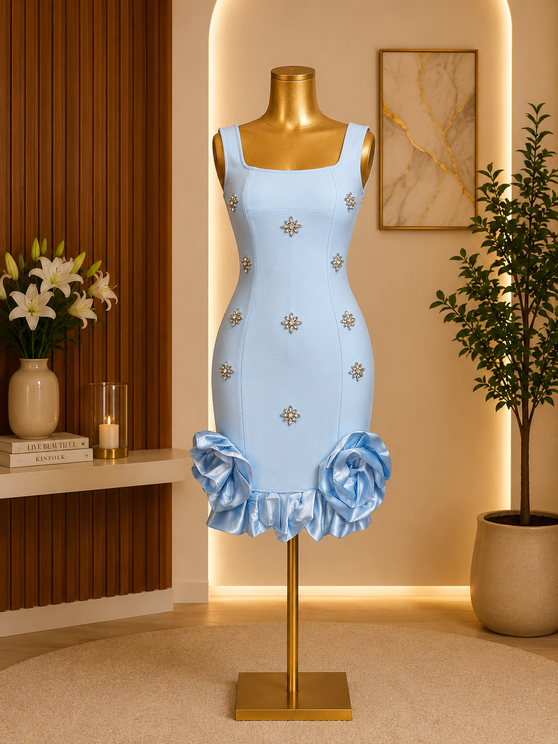 EMBELLISHED ROSETTE MINI DRESS