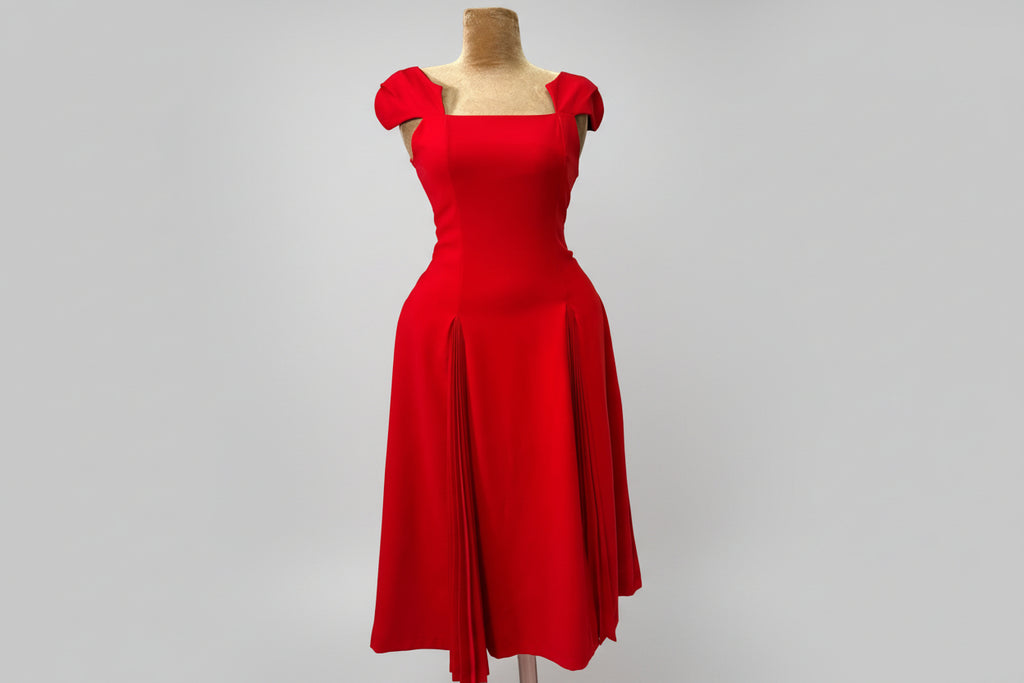 Crimson Bow-Shoulder Midi Dress