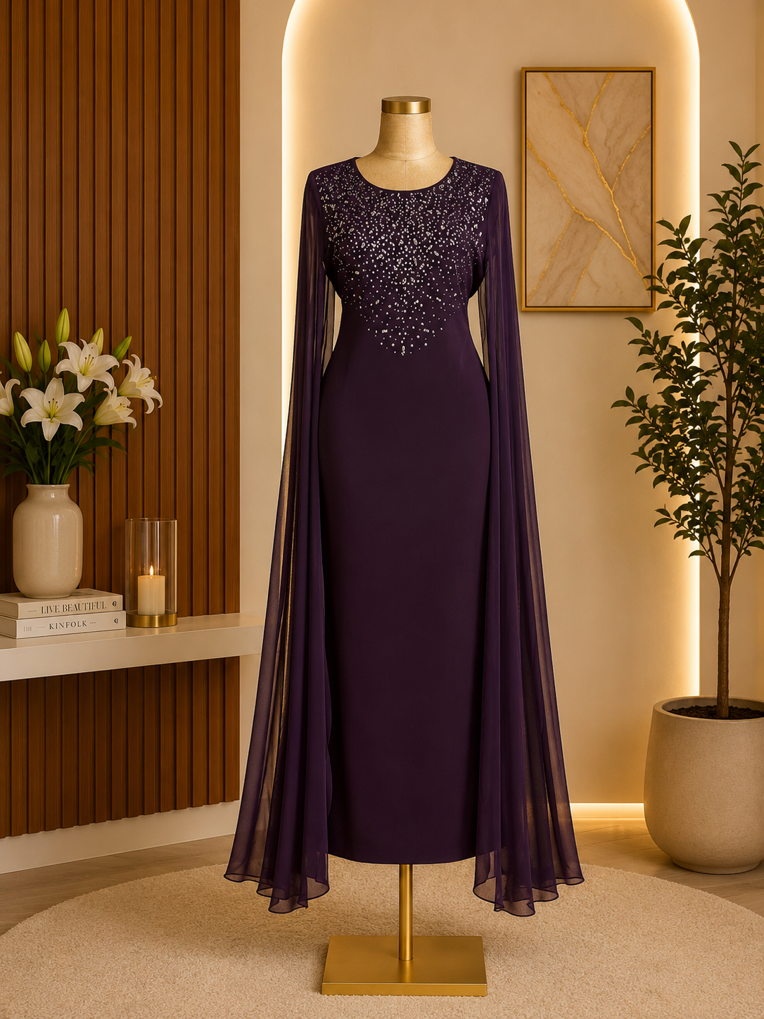 EMBELLISHED CAPE SLEEVE GOWN