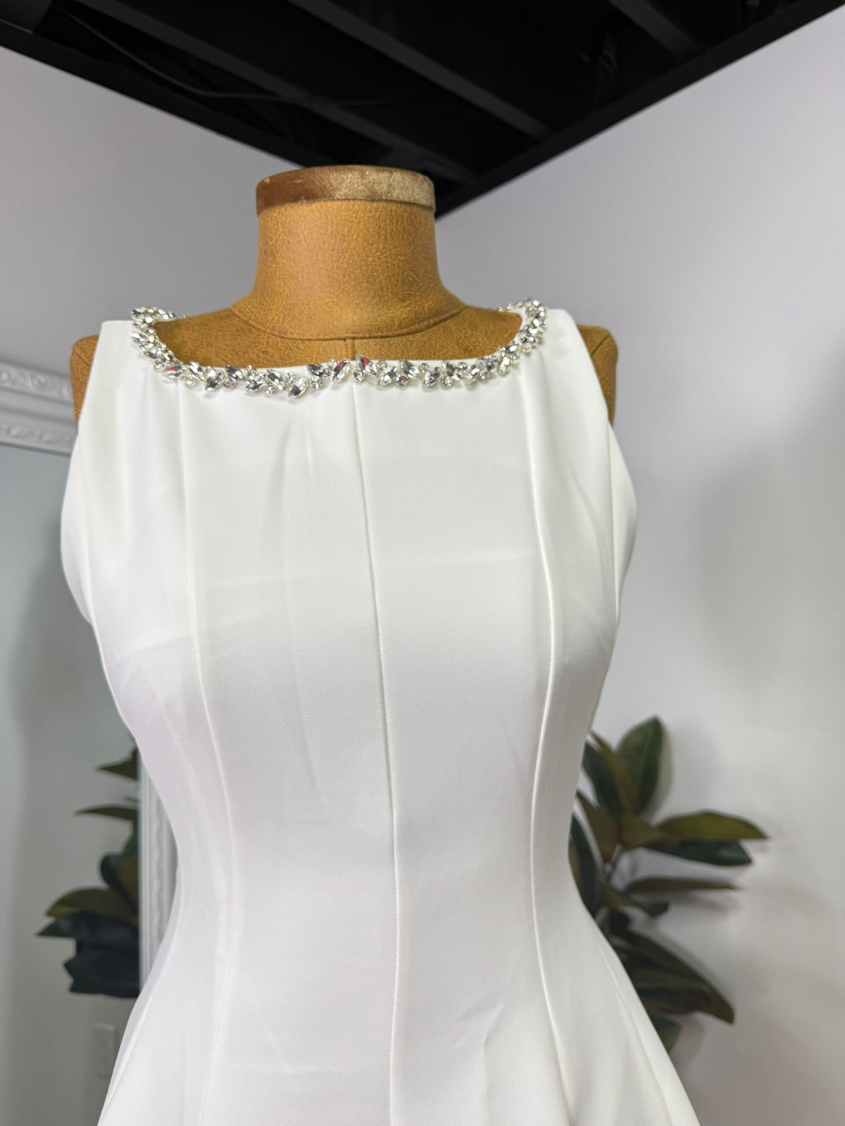 Crystal Elegance Bridal Midi Dress – white satin bridal midi dress with crystals, view 3 of 4