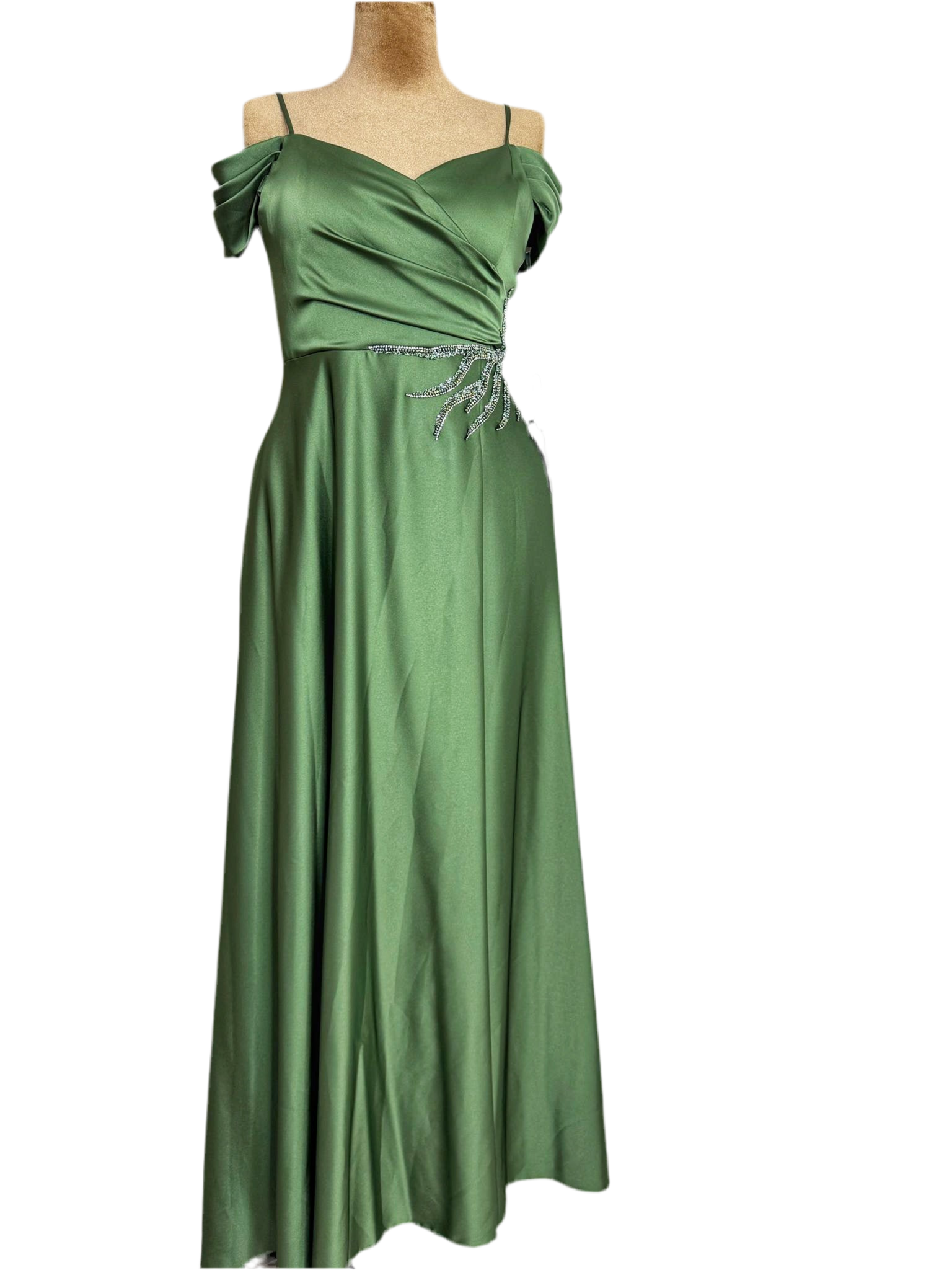 Beautiful off shoulder, tiny straps sea green satin long dress.
