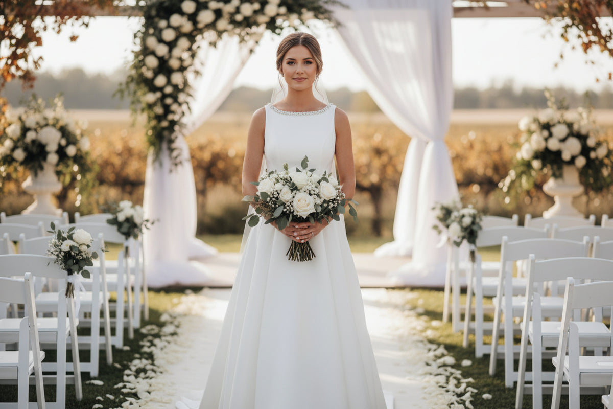 White satin bridal midi dress with crystals – Crystal Elegance Bridal Midi Dress by House of TML