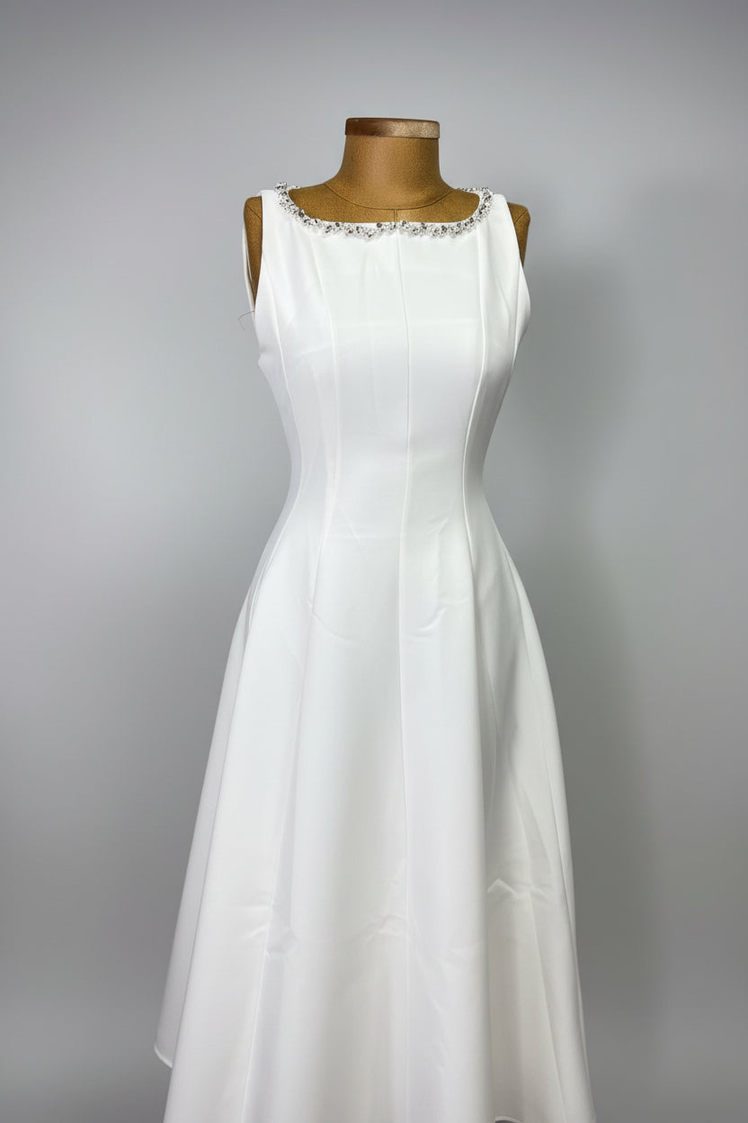 Crystal Elegance Bridal Midi Dress – white satin bridal midi dress with crystals, view 4 of 4