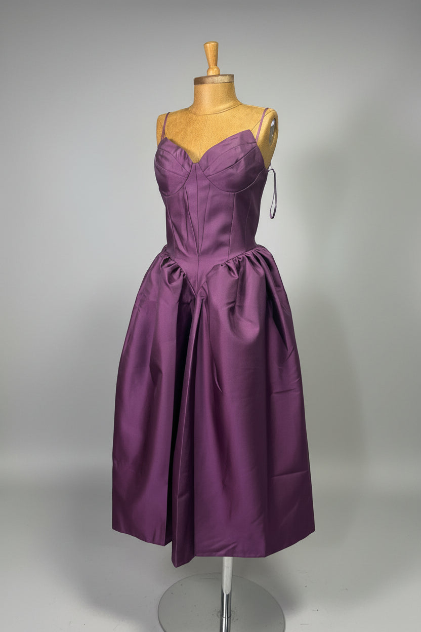 Amethyst Corset Duchess Midi Dress – purple duchess satin corset midi dress, view 2 of 3