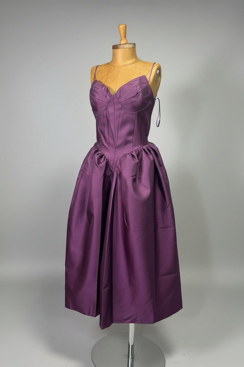 Amethyst Corset Duchess Midi Dress – purple duchess satin corset midi dress, view 2 of 3