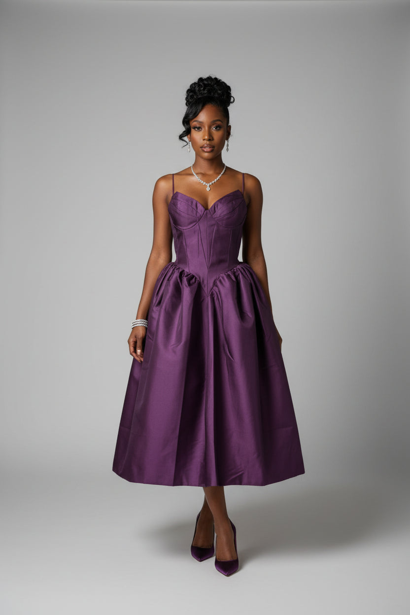Purple duchess satin corset midi dress – Amethyst Corset Duchess Midi Dress by House of TML