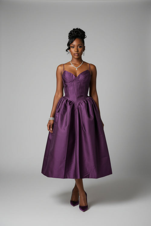 Purple duchess satin corset midi dress – Amethyst Corset Duchess Midi Dress by House of TML