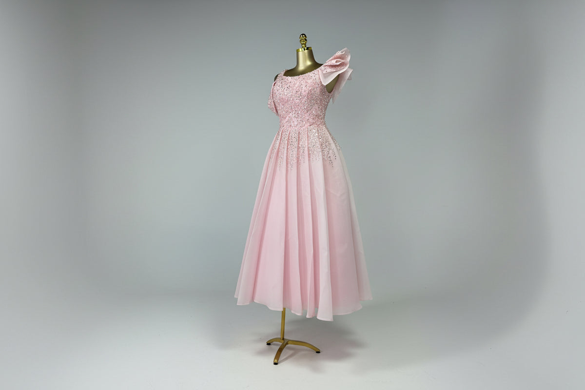 Pink Beaded Drape Ball Gown – custom pink beaded ball gown, view 3 of 4