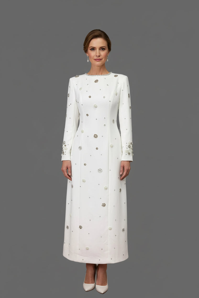 White long-sleeve crepe midi dress with pearls – Winter Pearl Embellished Midi Dress by House of TML