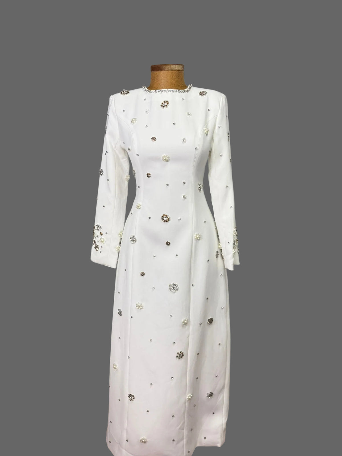 Winter Pearl Embellished Midi Dress – white long-sleeve crepe midi dress with pearls, view 2 of 3