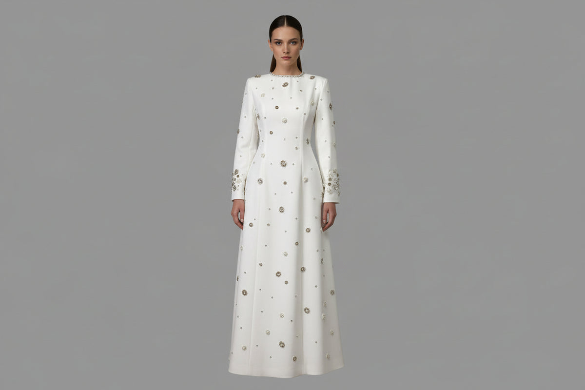 Winter Pearl Embellished Midi Dress – white long-sleeve crepe midi dress with pearls, view 3 of 3