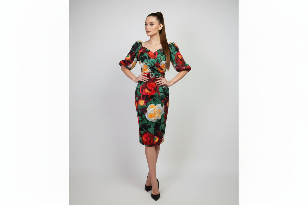 Painted Rose Puff-Sleeve Midi Dress