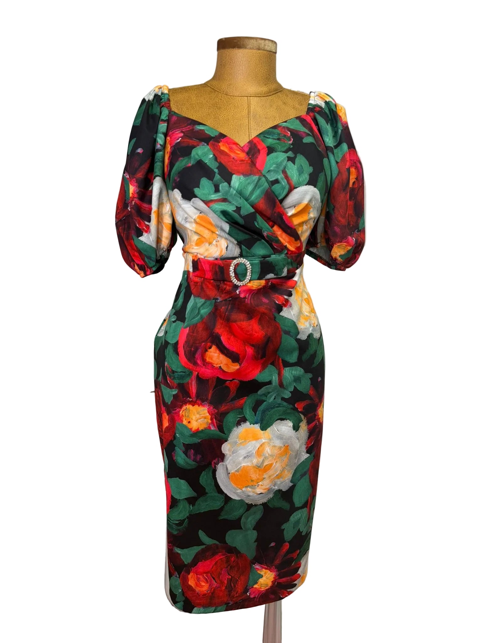 Painted Rose Puff-Sleeve Midi Dress
