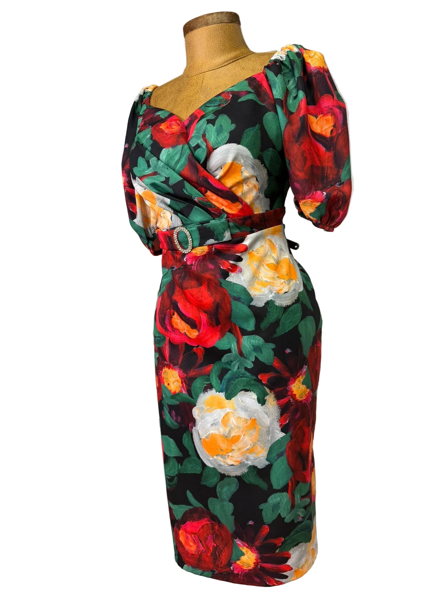 Painted Rose Puff-Sleeve Midi Dress