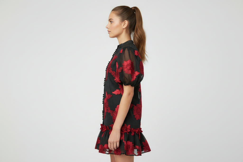 Crimson Bloom Embroidered Mesh Midi Dress