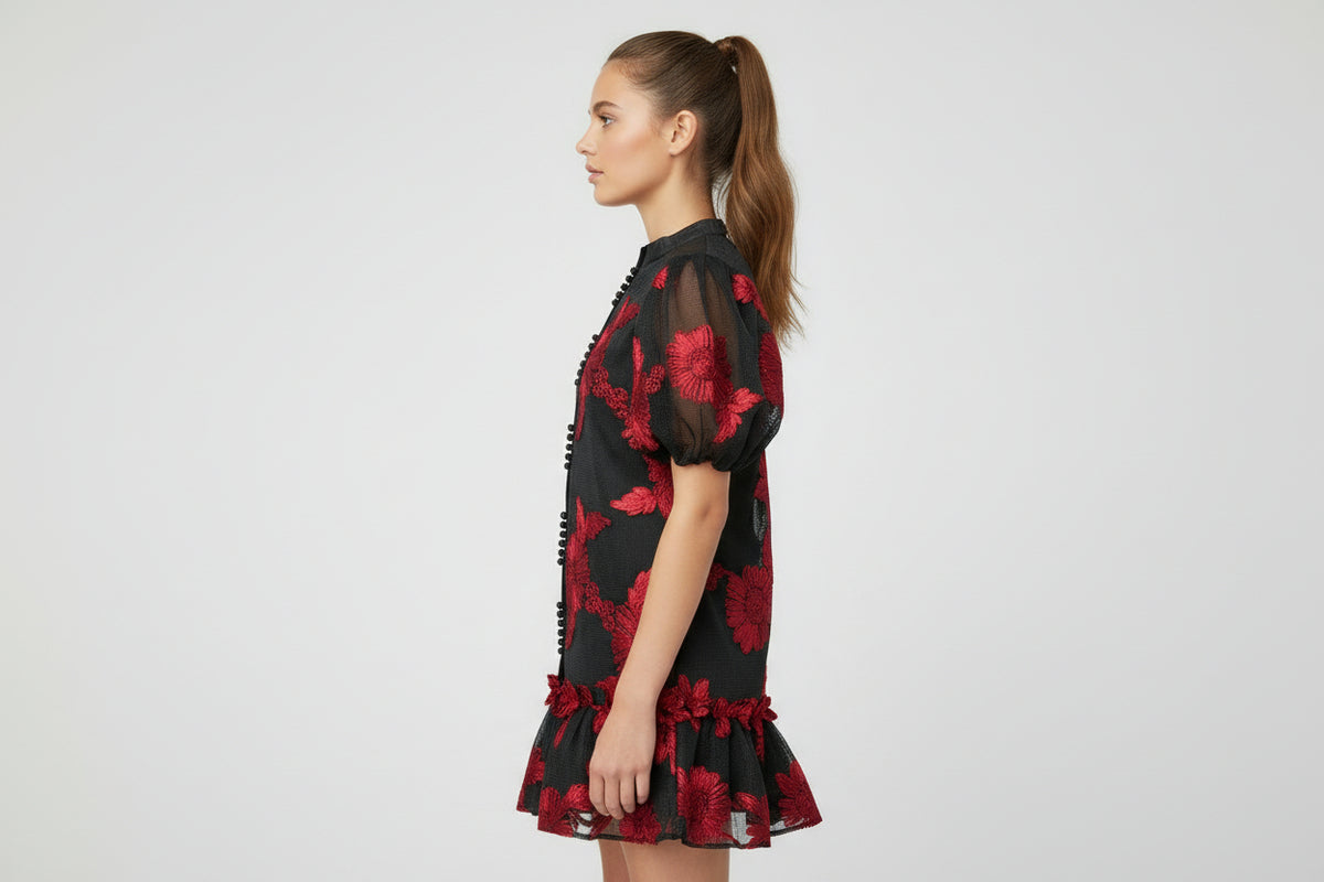 Crimson Bloom Embroidered Mesh Midi Dress – black mesh midi dress with red floral embroidery, view 2 of 2
