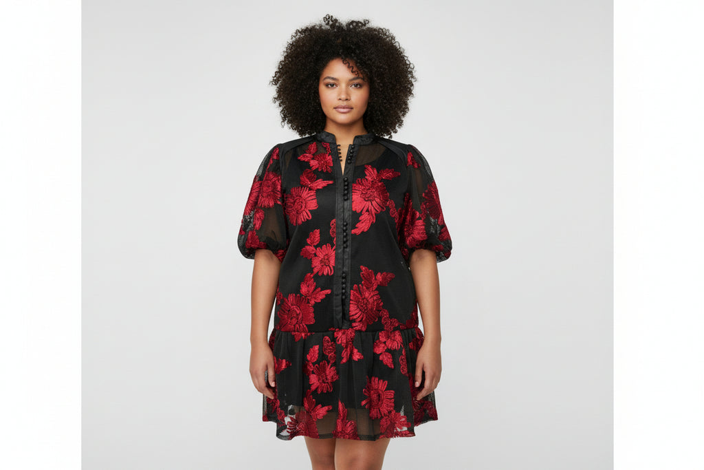 Crimson Bloom Embroidered Mesh Midi Dress