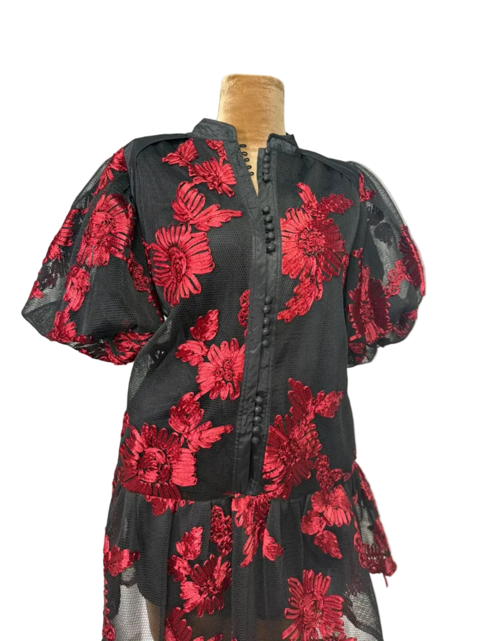 Crimson Bloom Embroidered Mesh Midi Dress