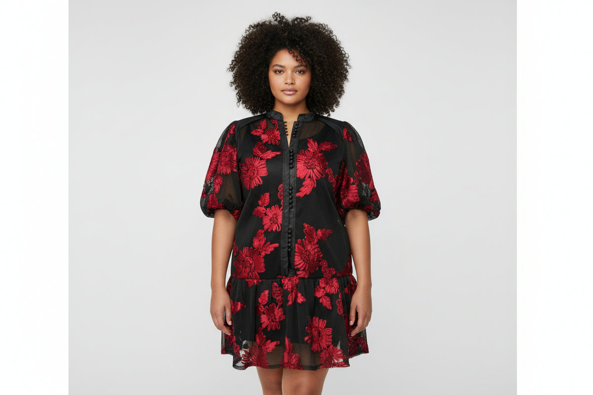 Black mesh midi dress with red floral embroidery – Crimson Bloom Embroidered Mesh Midi Dress by House of TML