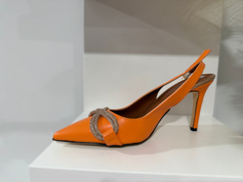 Orange Pointed Heels with Gold Cross Detail – orange pointed party heels with gold cross-cut detail, view 2 of 4
