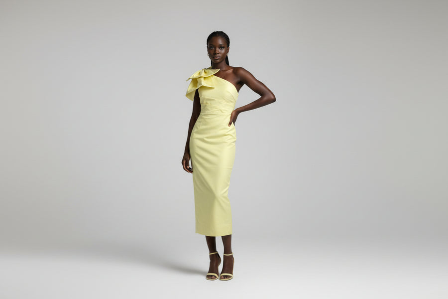 Butter yellow satin one-shoulder bow cocktail dress – Buttercream One-Shoulder Bow Dress by House of TML