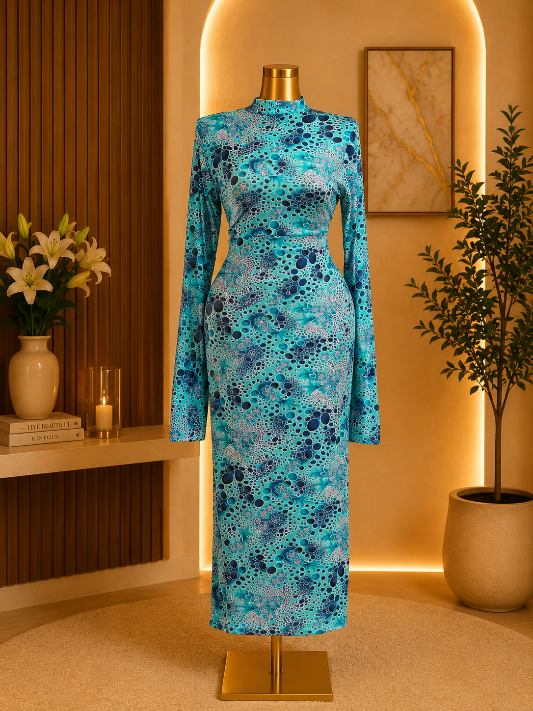 AQUA PRINT MIDI DRESS