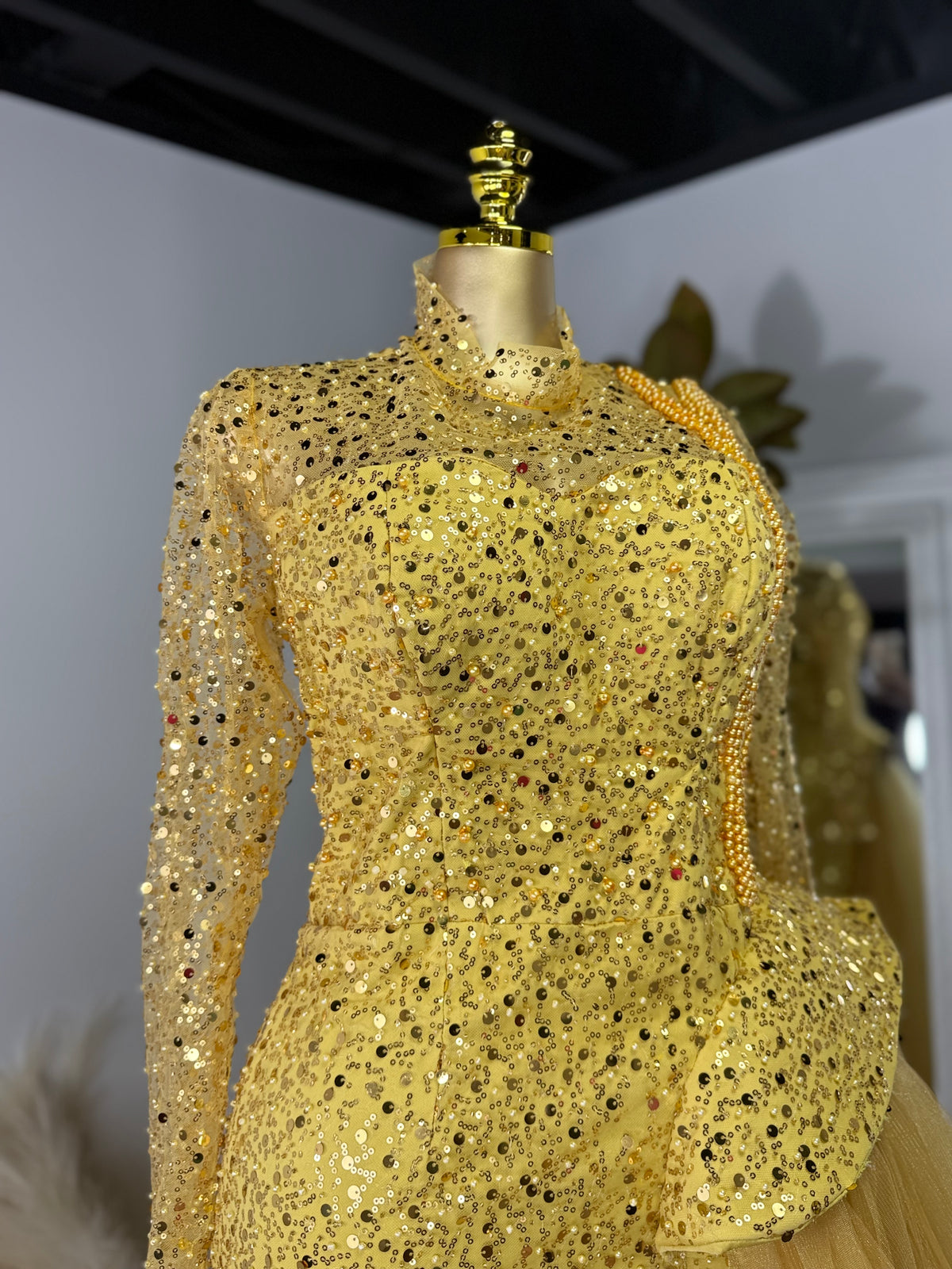 Kao Custom Gold Drape Dress – custom couture dress with gold drape, view 2 of 3